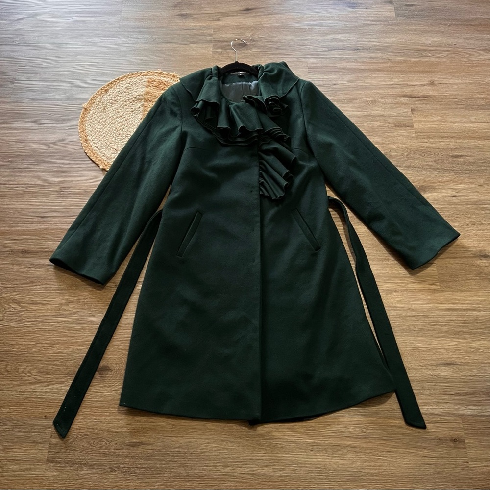 Sofia Cashmere Forest Green Ruffle Wool Trench Coat